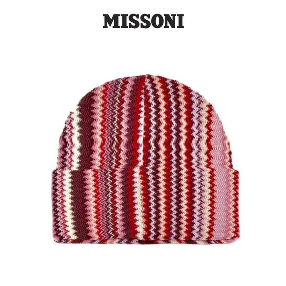 Missoni Accessories - MISSONI - Zigzag Wool-Blend Beanie Knit Hat in Pink & Red NWT